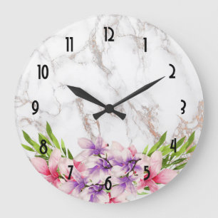 Vattenfärg Magnolias, Faux Marble Struktur Bröllop Stor Klocka