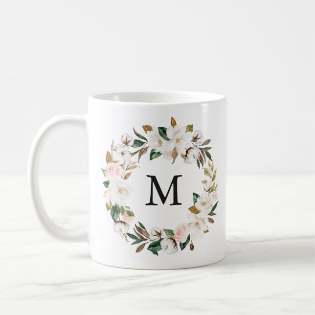 Vattenfärg Magnolias | Monogram för utandning av B Kaffemugg (Vänster)