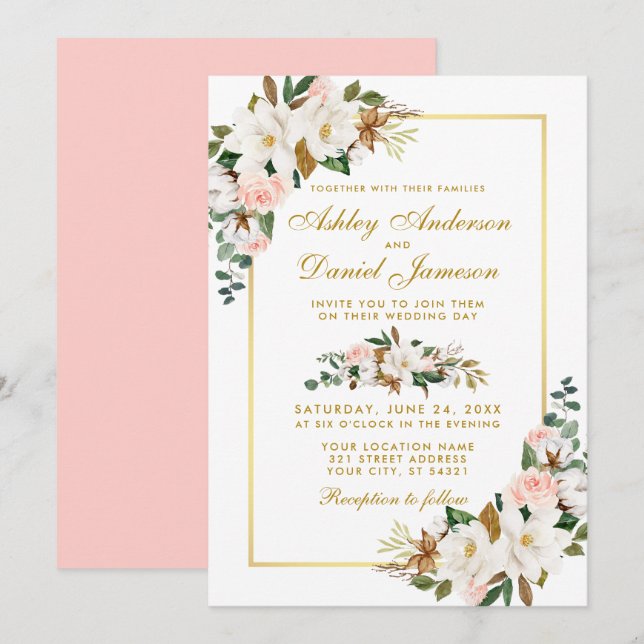 Vattenfärg Magnolias Ro Blommigt Bröllop Guld Inbjudningar (Fram/baksida)