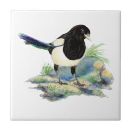 Vattenfärg Magpie Bird Tittar på dig Kakelplatta