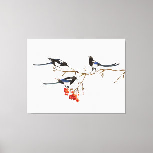 Vattenfärg Magpie Birds Nature Art Canvastryck