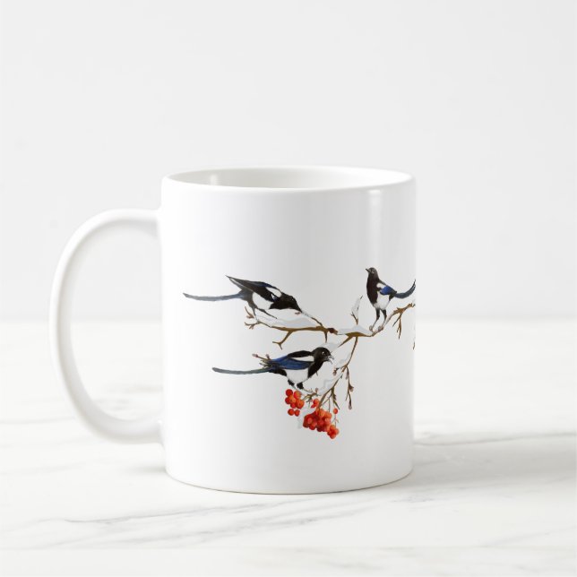 Vattenfärg Magpie Birds Nature Art Kaffemugg (Vänster)