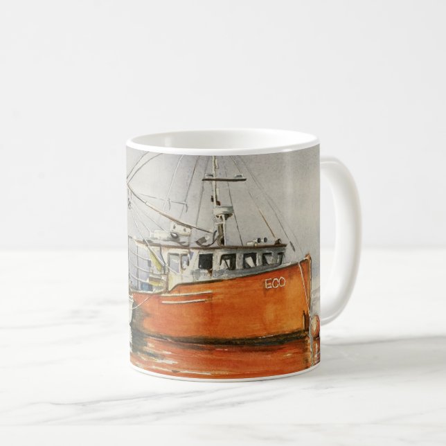 Vattenfärg Maine Fishing Boat Ocean Orange Grått Kaffemugg (Framsida höger)