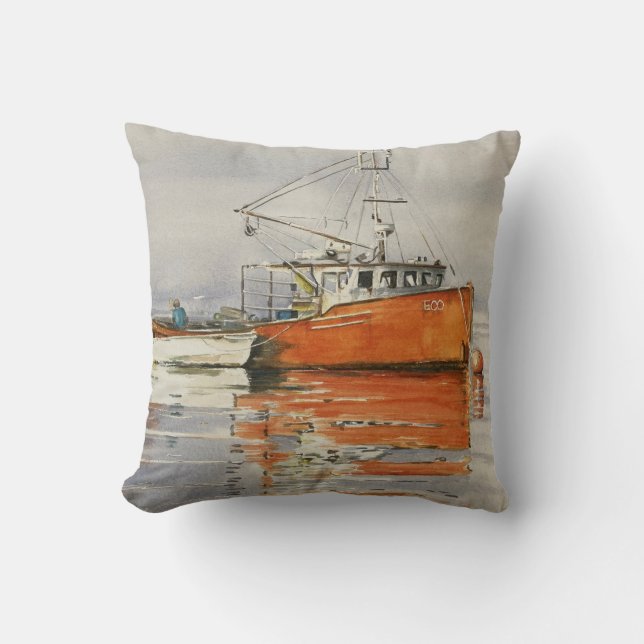 Vattenfärg Maine Fishing Boat Ocean Orange Grått Kudde (Framsida)