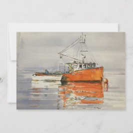 Vattenfärg Maine Fishing Boat Ocean Orange Grått Tack Kort