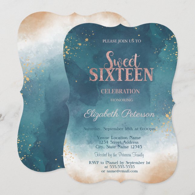 Vattenfärg Måla Stänk Glitter Sweet 16 Inbjudningar (Fram/baksida)