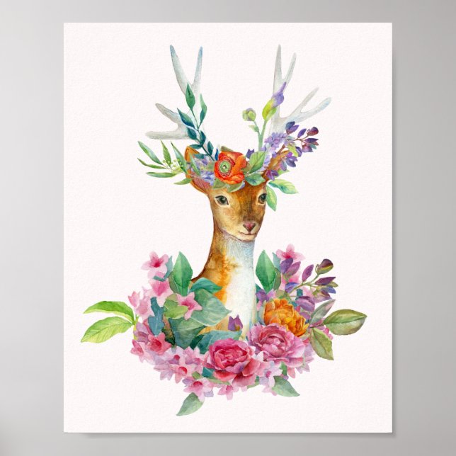 Vattenfärg Målad Blommigt Baby Hjort Baby Nursery Poster (Framsidan)