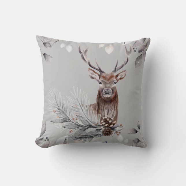 Vattenfärg Målad Hjort Bocks Vinterscen Natur Kudde (Framsida)