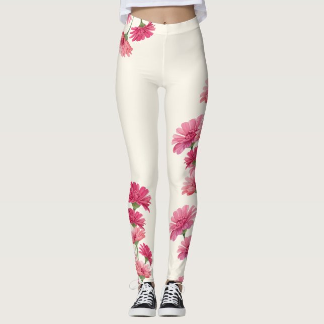 Vattenfärg Målad Rosa Zinnia Blommor Leggings (Framsida)