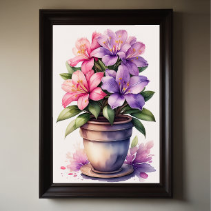 Vattenfärg Målning av Azalea i Pot Lila Poster