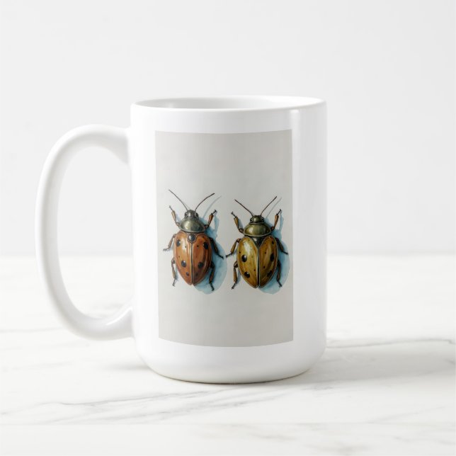 Vattenfärg-målning av nyckelpigor-par, insektskons kaffemugg (Vänster)