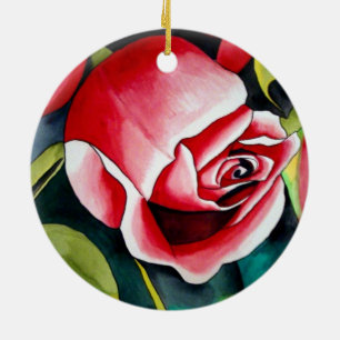 Vattenfärg målning konst blomma rosa knopp julgransprydnad keramik