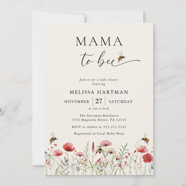 Vattenfärg Mamma till Bee Wildblomma Baby Shower Inbjudningar (Framsida)