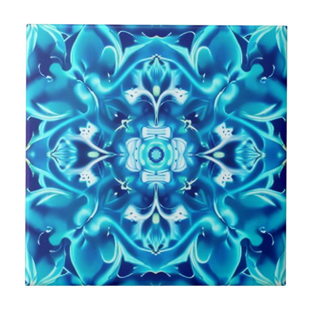 Vattenfärg Mandala Flower i Indigo Blue-skuggor Kakelplatta (Framsidan)
