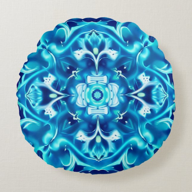 Vattenfärg Mandala Flower i Indigo Blue-skuggor Rund Kudde (Framsidan)