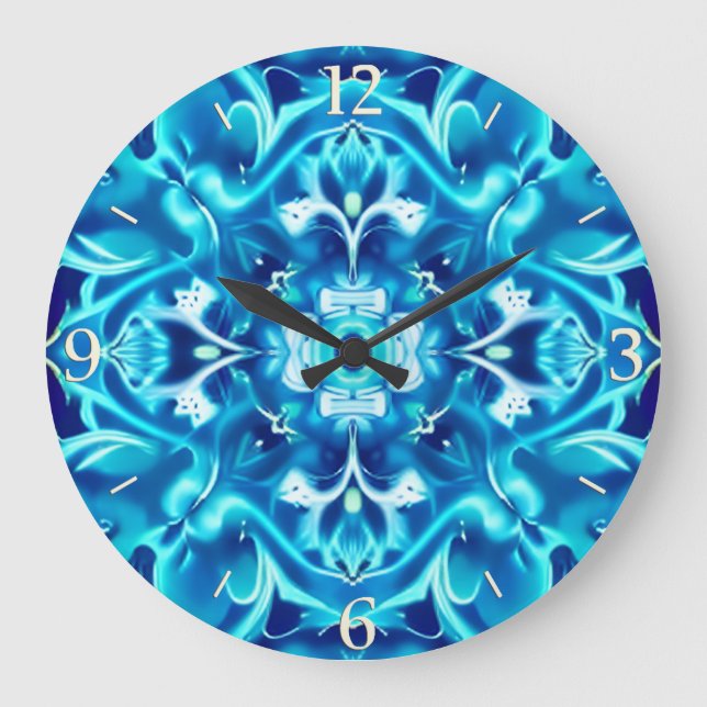 Vattenfärg Mandala Flower i Indigo Blue-skuggor Stor Klocka (Framsida)