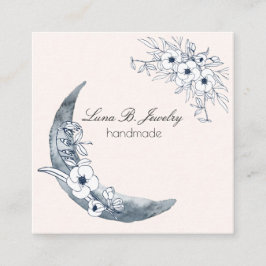 Vattenfärg Måne och botaniskt konstblått Grått Fyrkantigt Visitkort
