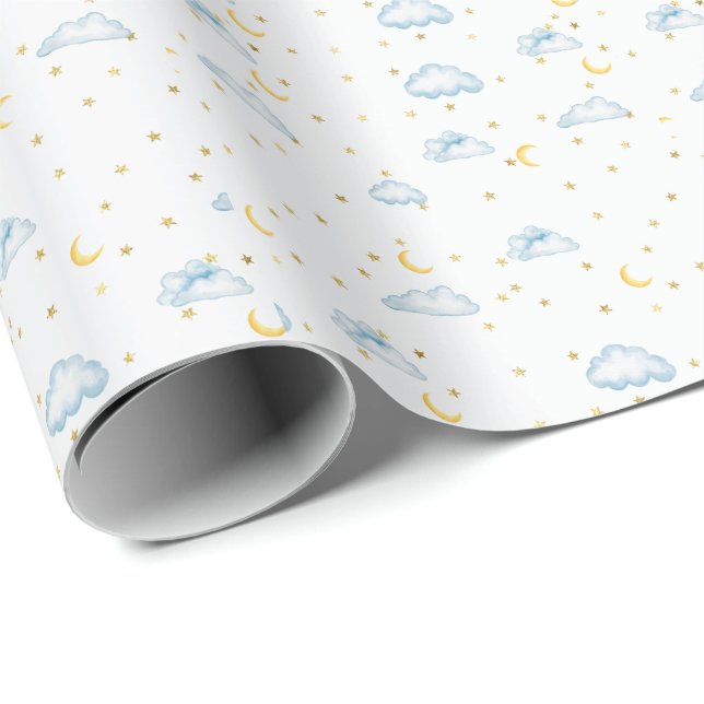 Vattenfärg Måne Stjärnor och Moln Barnkammartapet Presentpapper (Rullad Hörn)