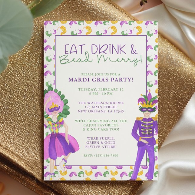 Vattenfärg Mardi Gras Maskeradfest Inbjudningar (Skapare uppladdad)