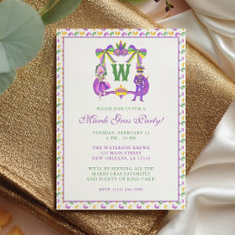 Vattenfärg Mardi Gras Monogram Topp Partaj Inbjudningar