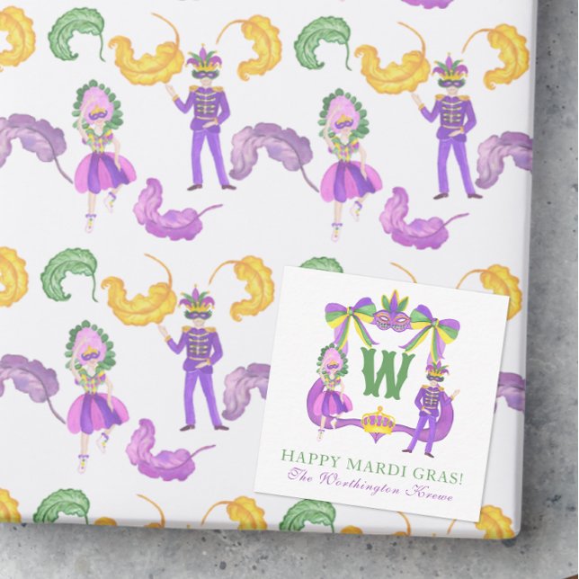 Vattenfärg Mardi Gras Monogrammonogram Anteckningskort (Skapare uppladdad)