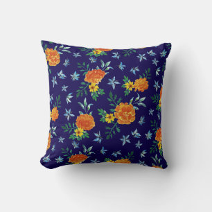 Vattenfärg Marigold Borage Flowers Navy Blue Kudde
