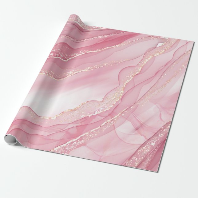 Vattenfärg marmor rosa med guldglitter presentpapper (Utrullad)