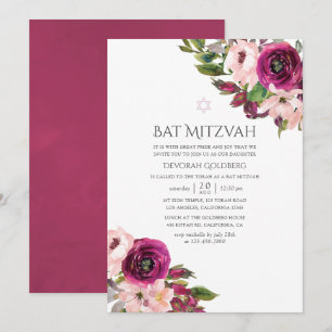 Vattenfärg Marsala och Blommigt Bat mitzvah Inbjudningar