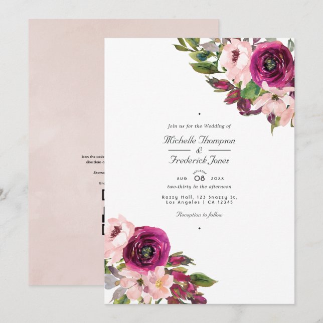 Vattenfärg Marsala och  Blommigt QR-kod Bröllop Inbjudningar (Fram/baksida)