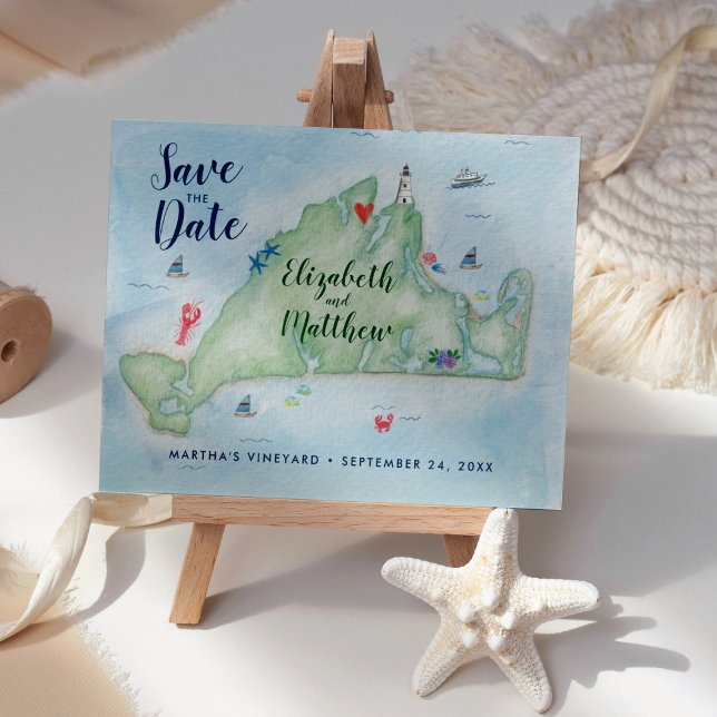 Vattenfärg Marthas Vineyard Karta Spara datumet Meddelande Vykort (Skapare uppladdad)