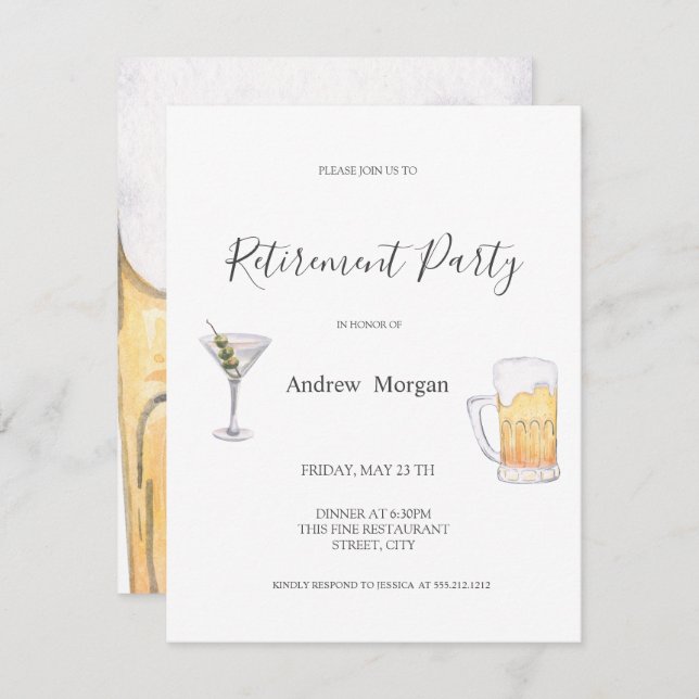 Vattenfärg Martini,Beer Pension Party Inbjudningar (Fram/baksida)