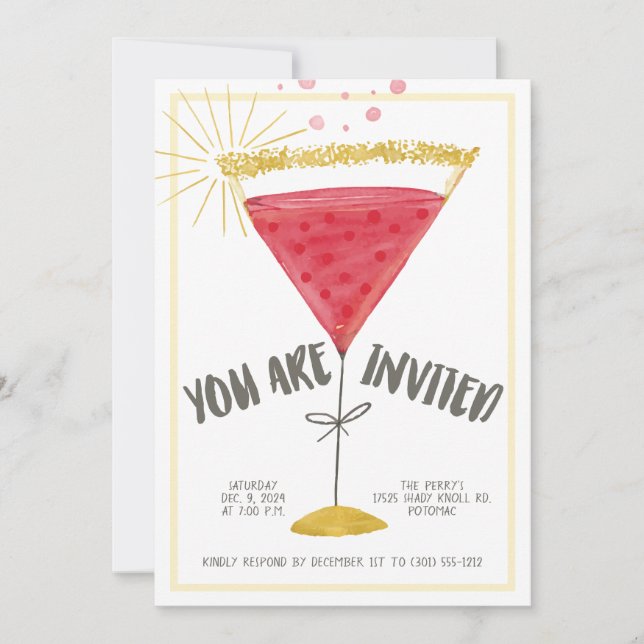 Vattenfärg Martini Glas Cocktailfest Inbjudan (Framsida)