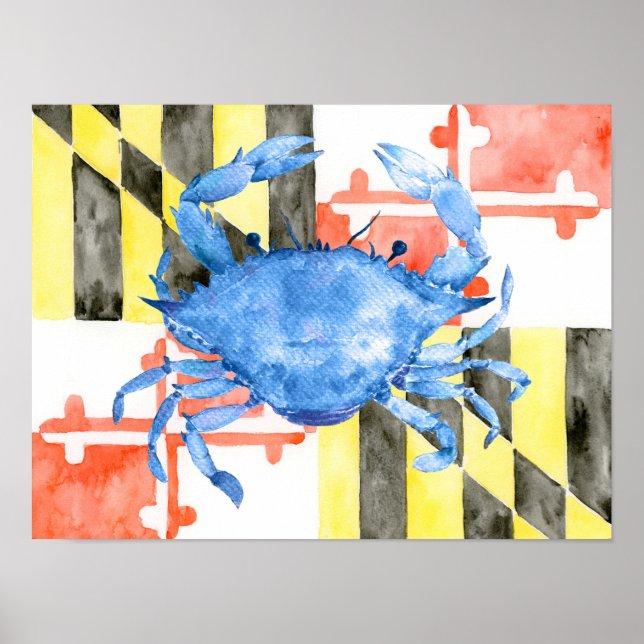 Vattenfärg Maryland flagga och blåkrabba Poster (Framsidan)