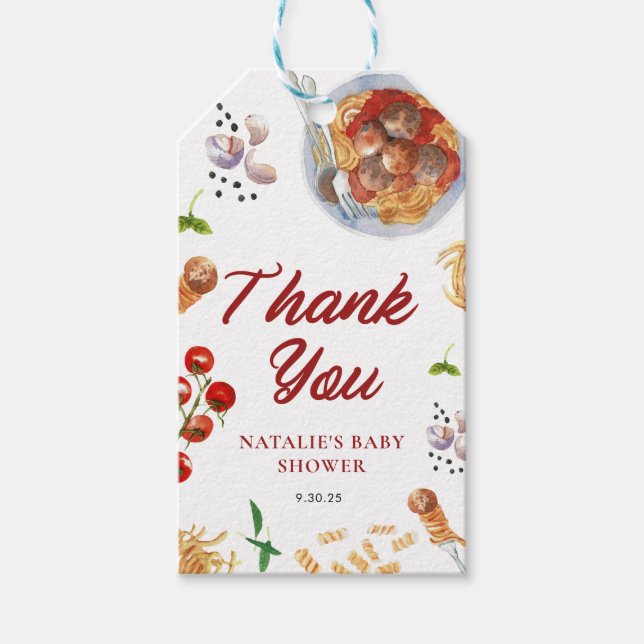 Vattenfärg Meatball Italienska babyskor favörer Presentetikett (Framsidan)