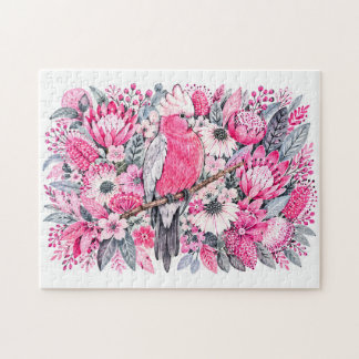 Vattenfärg med rosabröstad kakadua och rosa protea pussel