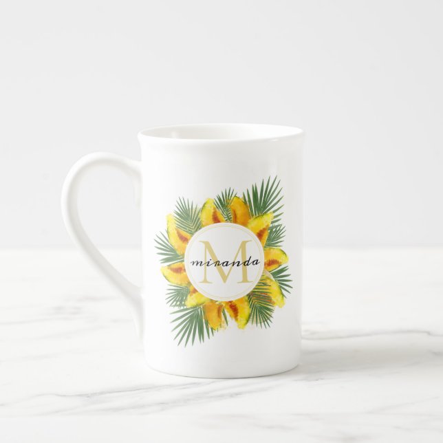 Vattenfärg Melon Tropical Löv Watercolor Monogram Benporslin Mugg (Vänster)
