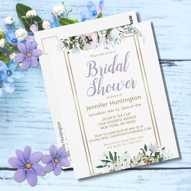 Vattenfärg Midsommar Blommig Lavendel Bröllopsdusc Vykort (Pretty Lavender Watercolor Roses Bridal Shower Invitation Postcard)