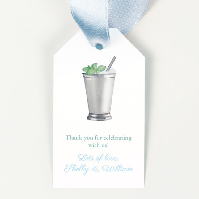 Vattenfärg Mint Julep Hästkapplöpning Bröllopsdusc Presentetikett (Simple elegant mint julep cocktail in classic silver metal cup Bridal shower or birthday favor tags )