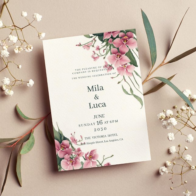 Vattenfärg mintrosa orkidé blommande Bröllop  Inbjudningar (Watercolor mint pink orchid floral Wedding)