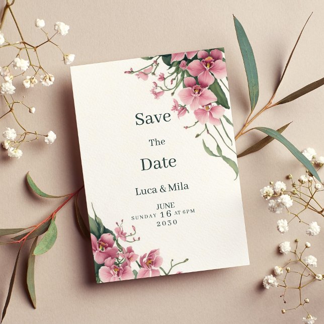 Vattenfärg mintrosa orkidé blommande Spara datum Inbjudningar (Watercolor mint pink orchid floral Save the Date)