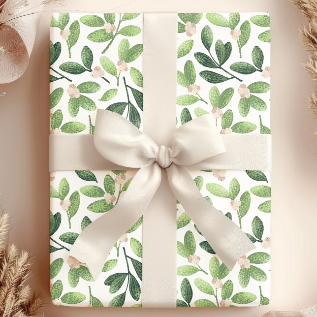 Vattenfärg Mistel Elegant Grön Blommig Högtid Presentpapper (Skapare uppladdad)