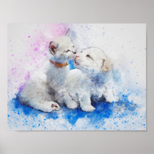 Vattenfärg Mix Media Kitten & Puppy Kisses Poster