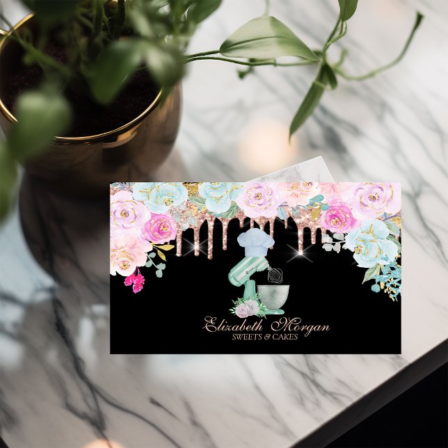 Vattenfärg Mixer Blommor Rose Gold Dropar Bageri Visitkort (Skapare uppladdad)