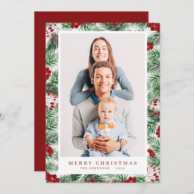 Vattenfärg Modern julblad Botanik Julkort (Fram/baksida)