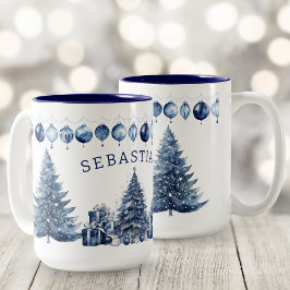 Vattenfärg Modern Marinblå Julgran Namn Två-Tonad Mugg