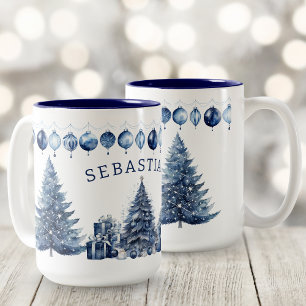 Vattenfärg Modern Marinblå Julgran Namn Två-Tonad Mugg