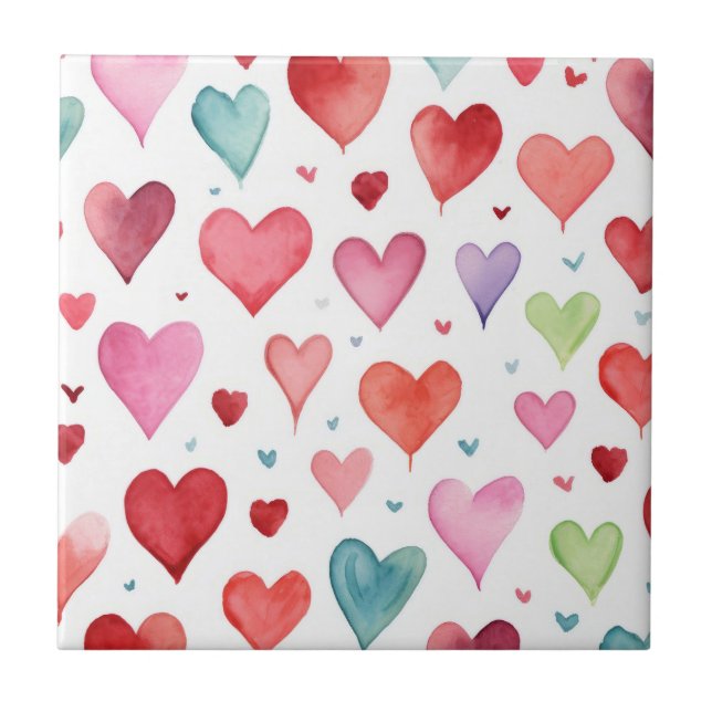 Vattenfärg Modern Red Rosa Blue Heart Mönster Kakelplatta (Framsidan)