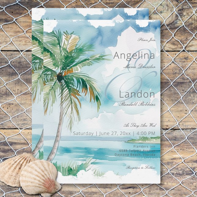 Vattenfärg Modernt Palmer & Strand Scen Bröllop Inbjudningar (Watercolor Modern Palms & Beach Scene Wedding Invitation)