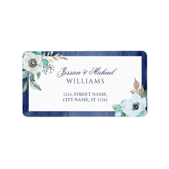 Vattenfärg Monogram Blommigt Utandning Anemone Blå Adressetikett (Framsidan)