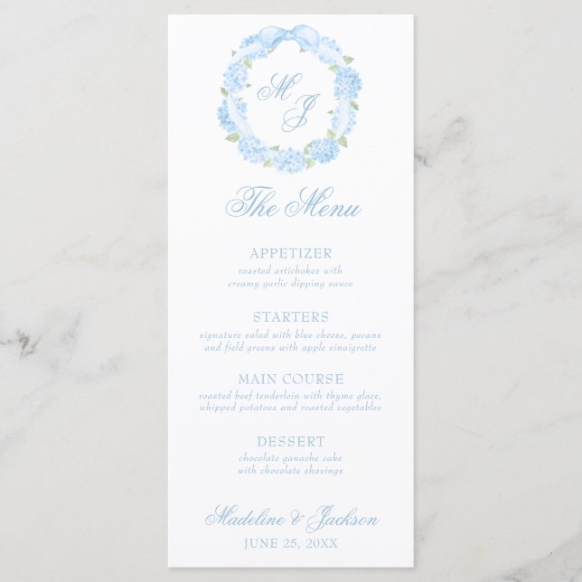 Vattenfärg Monogram Blue Hydrangea Wandeans Bröllo Meny (Framsida)